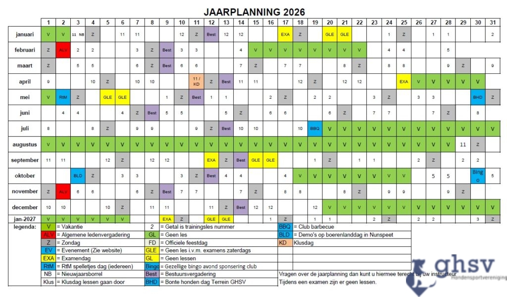 Jaarplanning GHSV Harderwijk e.o. Hondenschool.